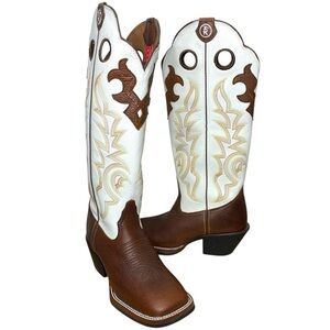 Tony Lama Buckaroo Cowboy Leather Tall Boots Western Brown White Sz 7 B Cowgirl